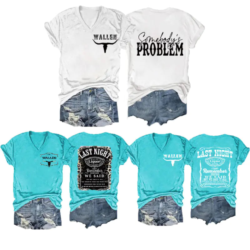 2024 Women's V-Neck Short Sleeve Digital Print Top