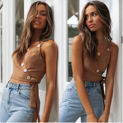 V-Neck Button Strapless Top for Spring and Summer