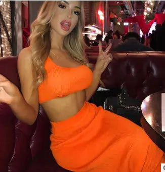 Summer Solid Color Crop Top and Long Dress Set