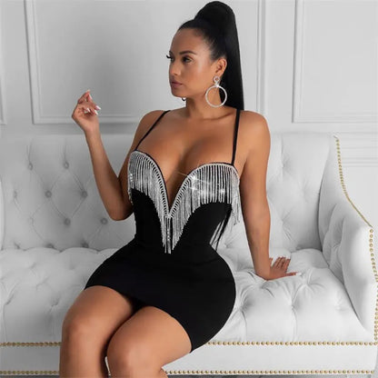 2019 Women's Rhinestone Fringe V-Neck Club Dress
