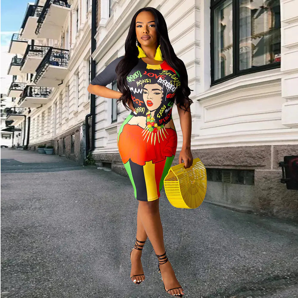 TS962 Women's Casual Waist-Defined Dress with Print