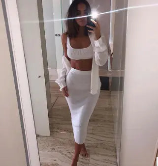 Summer Solid Color Crop Top and Long Dress Set
