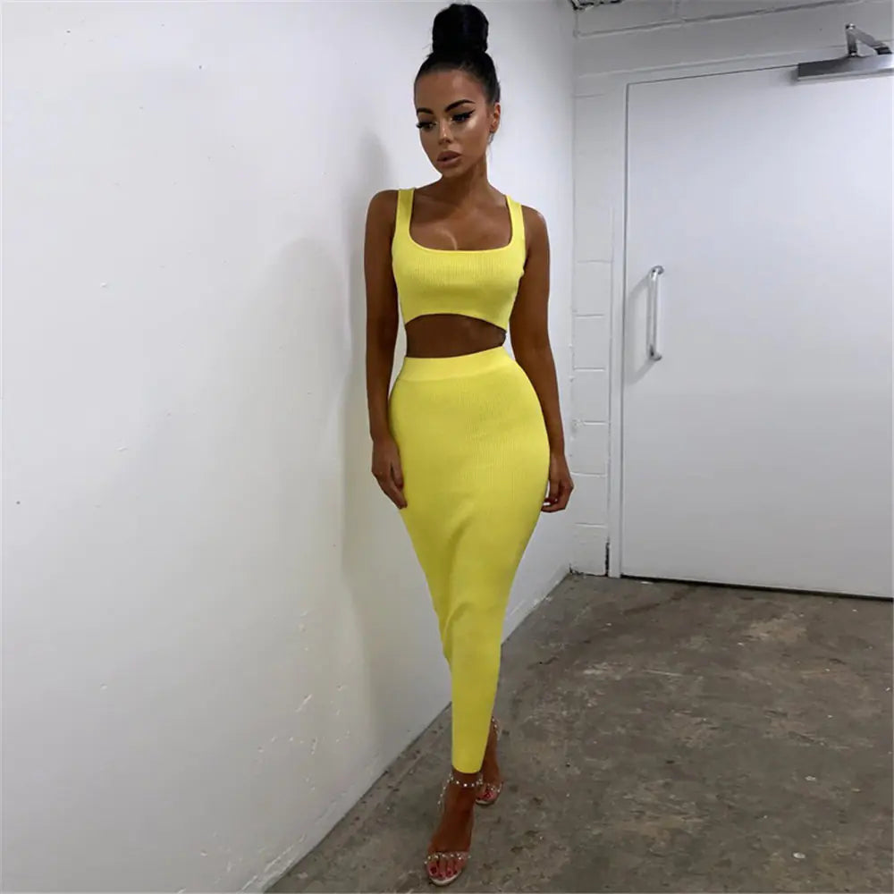Summer Solid Color Crop Top and Long Dress Set