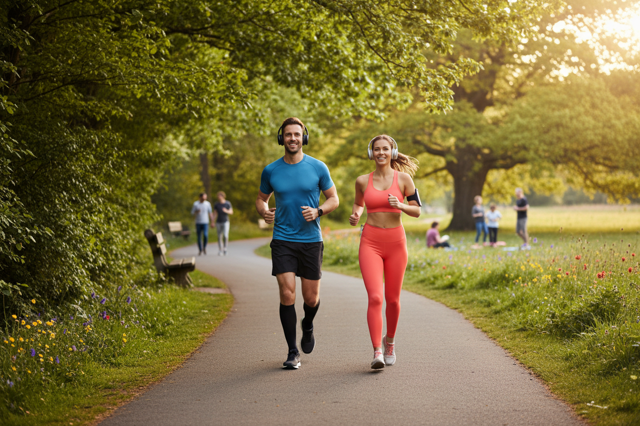 Add a woman running with him and make it in a park with people walking and sitting on benches 