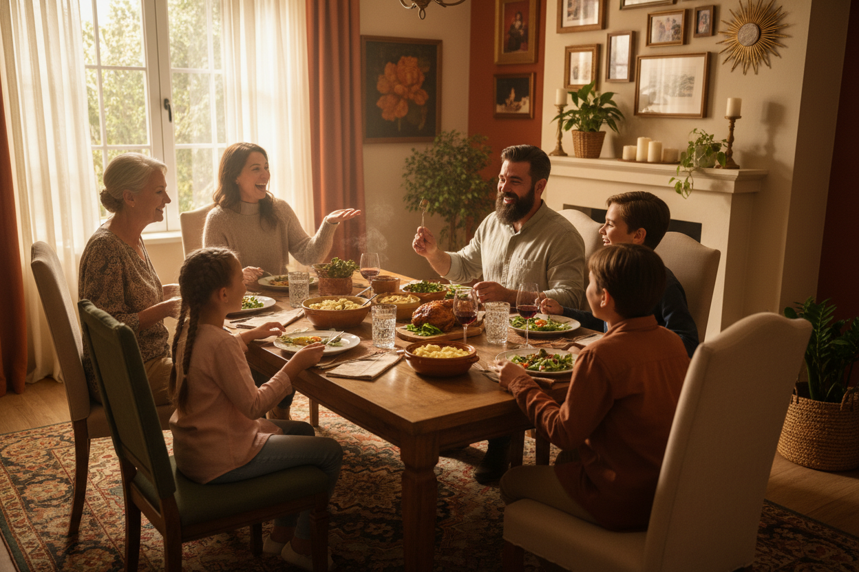 Change it to a dining room area laughing sharing food and eating