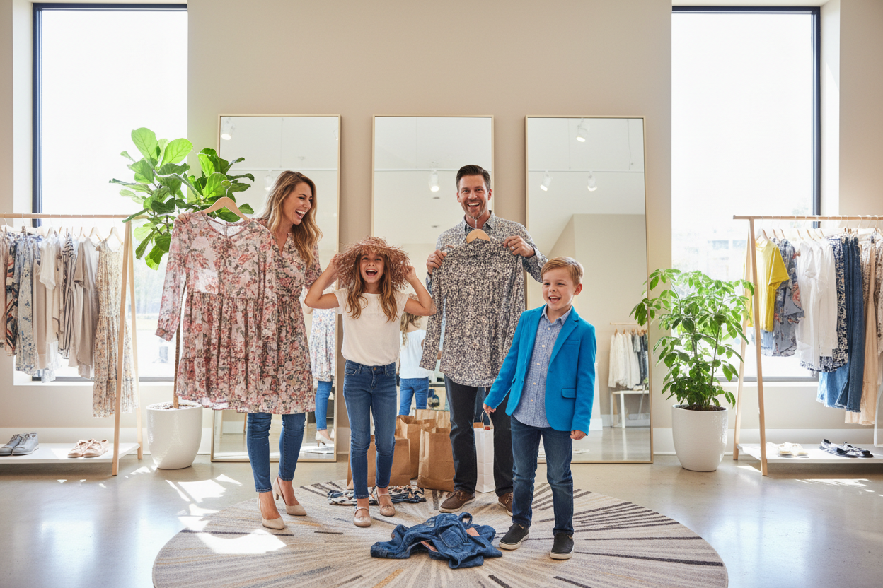 Family trying on clothes