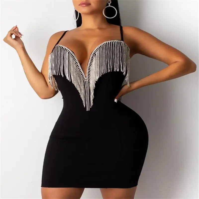 2019 Women's Rhinestone Fringe V-Neck Club Dress