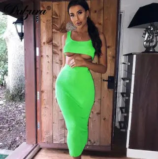 Summer Solid Color Crop Top and Long Dress Set