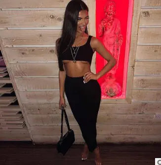 Summer Solid Color Crop Top and Long Dress Set