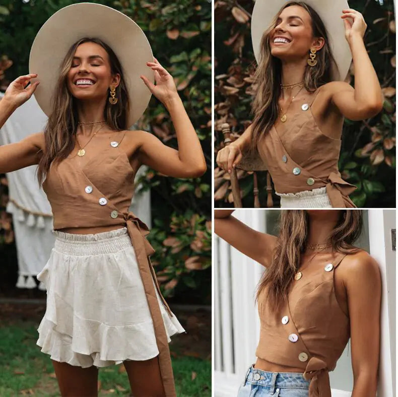 V-Neck Button Strapless Top for Spring and Summer