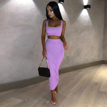Summer Solid Color Crop Top and Long Dress Set